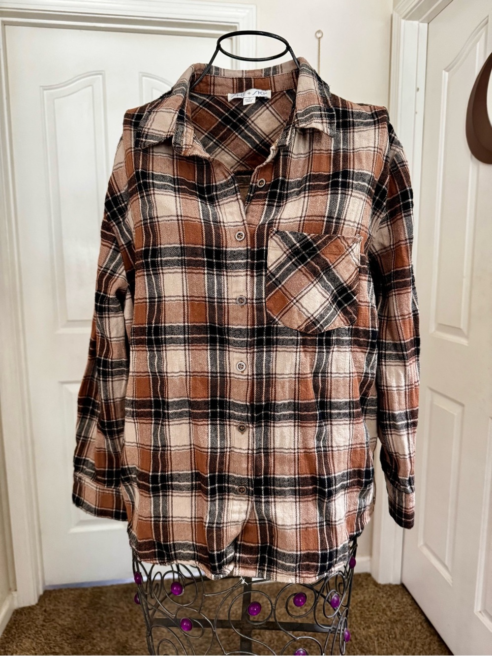 She + Sky Brown and Cream Plaid Button-Down